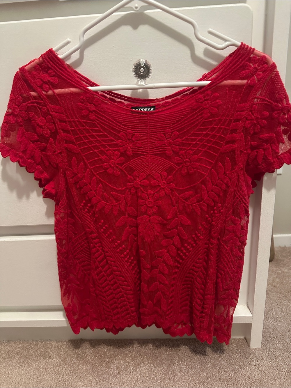 Express Red Floral Lace Short Sleeve Blouse